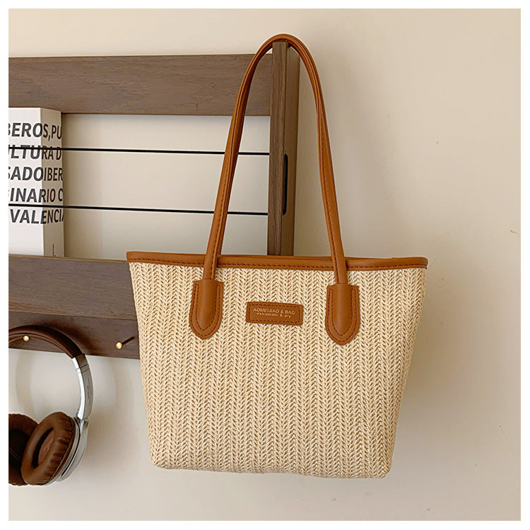 Summer Women Fashionable Solid Color Straw Woven Large Capacity Tote Bag