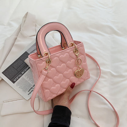Women Fashion Heart Diamond Square PU Handle Crossbody Bag
