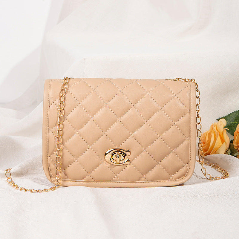 Women Fashion Simple Solid Color Metal Buckle Flap Quilted Square Chain Crossbody Bag