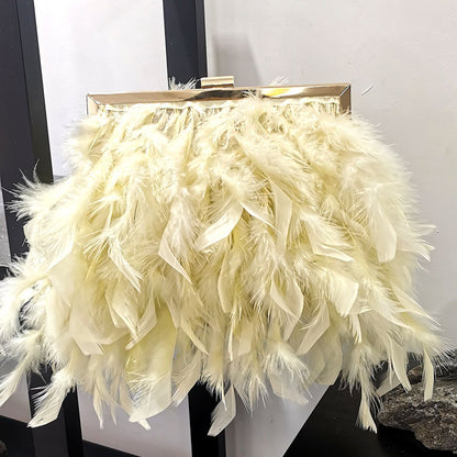 Women Fashion Trend Feather Decoration Metal Buckle Design Square Clutch Bag