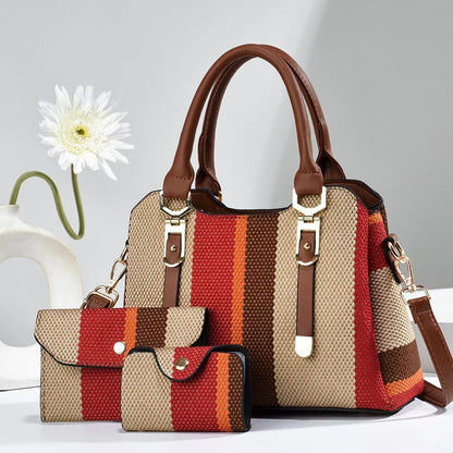 Fashion Stripe Canvas Contrast Large-Capacity Handbag Three-Piece Set