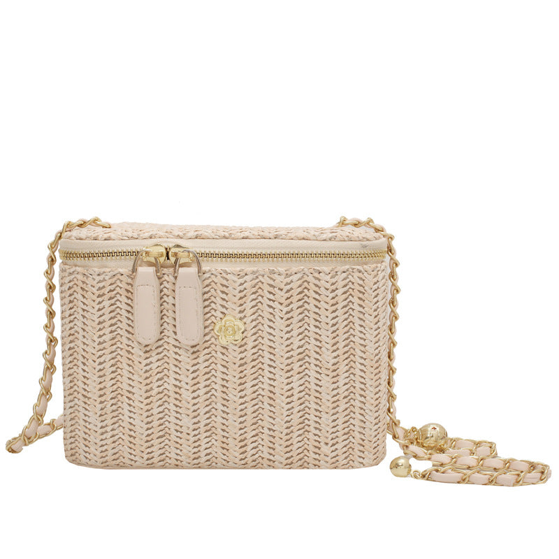 Women Fashion Simple Straw Woven Zipper Square Crossbody Bag