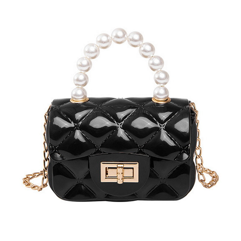 Women Elegant Mini Flap Buckle Design Pearl Decoration Solid Color PU Crossbody Bag