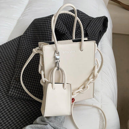 2 In 1 Women Fashion Basic Chain Decorative Solid Color PU Handle Bag