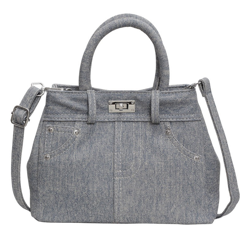 Women Fashion Simple Lock Denim PU Handle Shoulder Bag