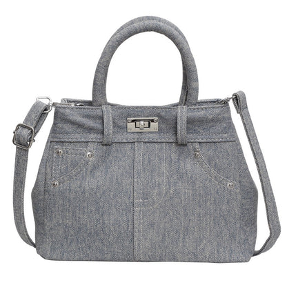Women Fashion Simple Lock Denim PU Handle Shoulder Bag