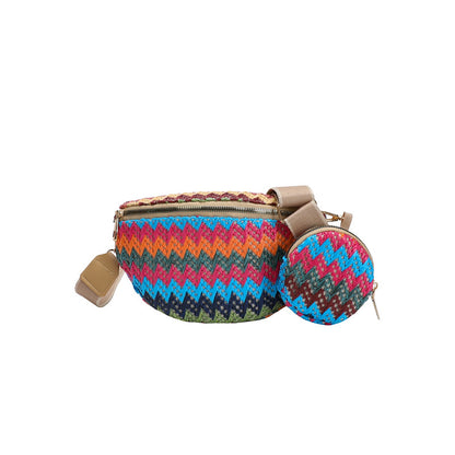 Summer Women Fashion Ethnic Style Color Block Straw Woven Crossbody Chest Bag