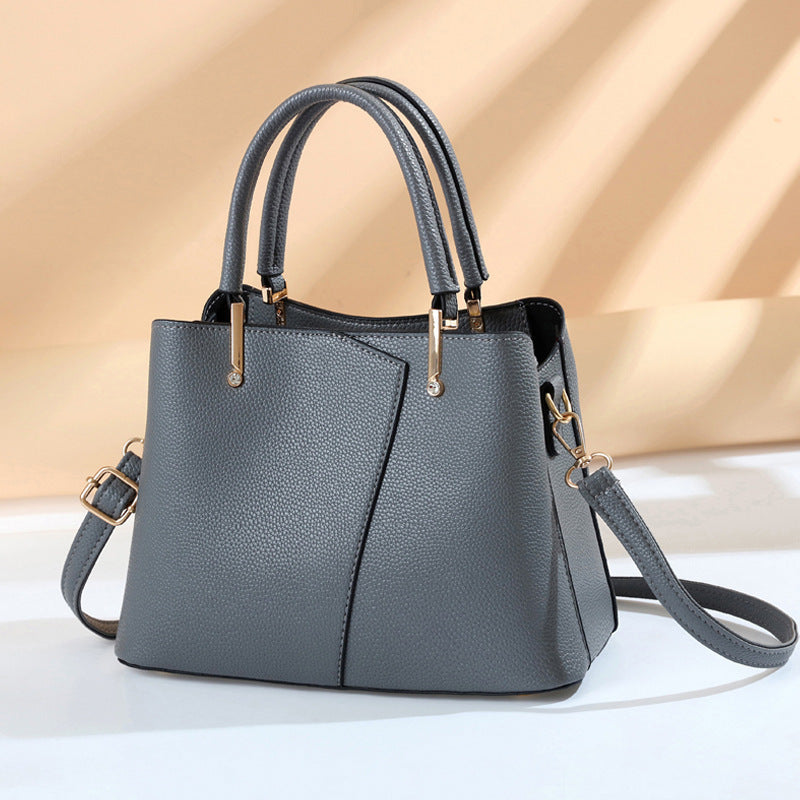 Women Fashionable Simple Litchi Pattern Large Capacity PU Handle Shoulder Bag