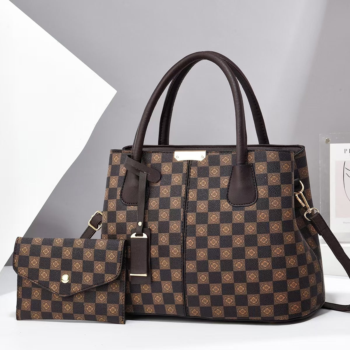 Women Fashion Casual Rhombus Printed Large Capacity Handbag Two-Piece Set