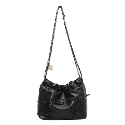 Sac seau à bandoulière en PU pour femme, simple et tendance, couleur unie, avec nœud 