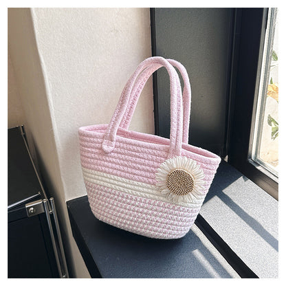 Sac à main décontracté en paille tissée avec nœud et motif floral pour femme, idéal pour les vacances, été 