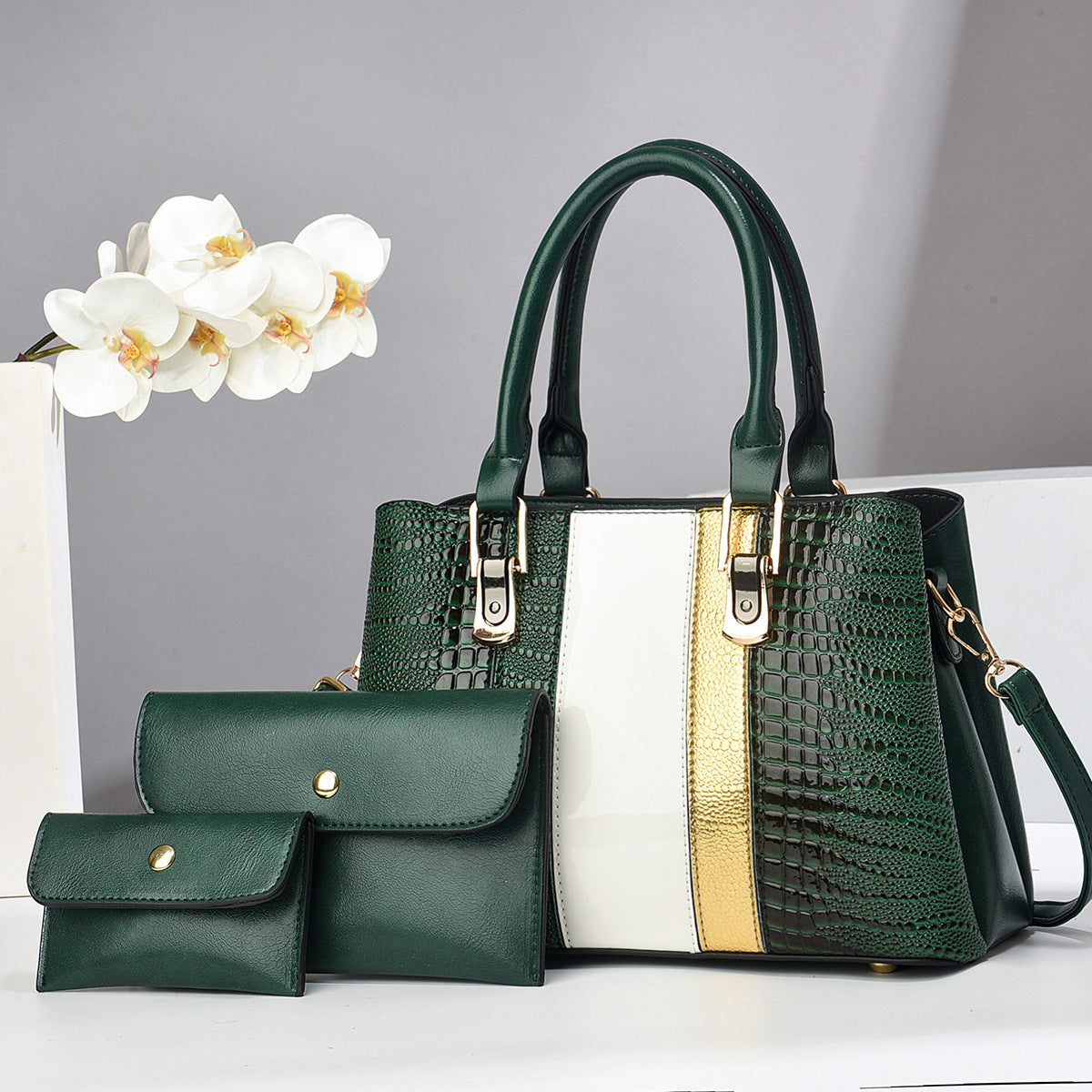 Women Fashion Casual Bright Leather Stone-Print Large Capacity Handbag Three-Pice Set