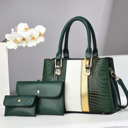 Women Fashion Casual Bright Leather Stone-Print Large Capacity Handbag Three-Pice Set