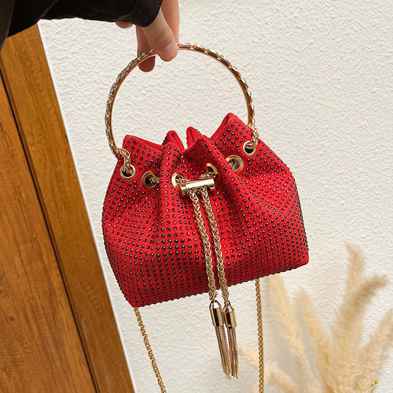 Women Fashion Fine Flash Rhinestone Tassel Drawstring Bucket Crossbody Bag