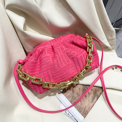 Women Casual Thick Chain Crease Design Solid Color Soft Fabric Crossbody Clutch Bag