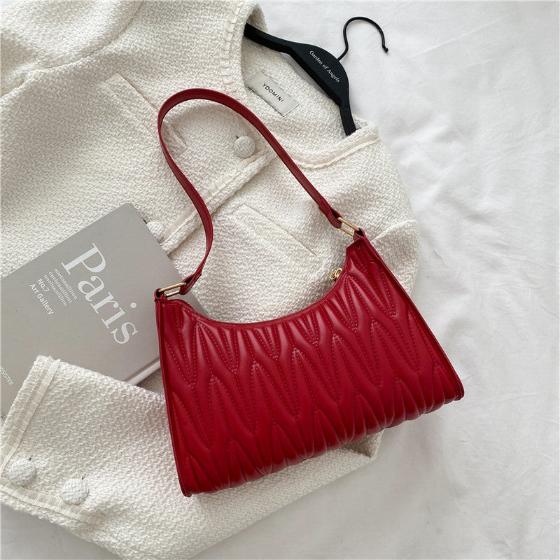 Women Basic Zipper Crease Design Solid Color PU Underarm Bag