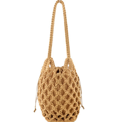 2 In 1 Beach Handbag Hollow Mesh Women Pastoral Design Solid Color Woven Shoulder Handle Bag