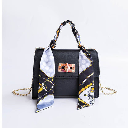 Women Elegant Flap Buckle Design Silk Scarf Decoration Solid Color PU Crossbody Bag
