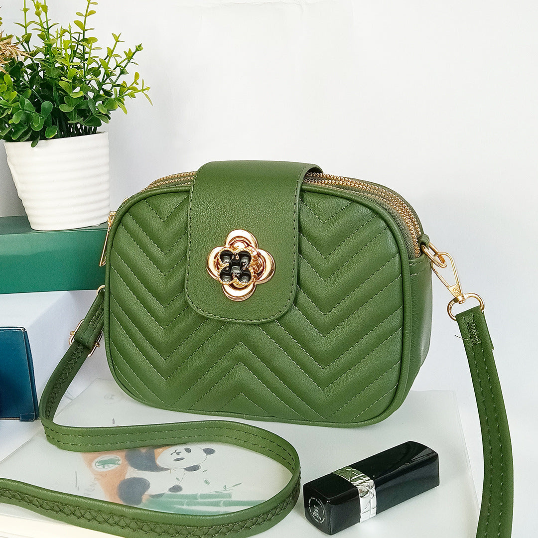 Sac à bandoulière en PU à trois couches avec fermeture éclair et broderie florale à rayures de couleur unie pour femme 