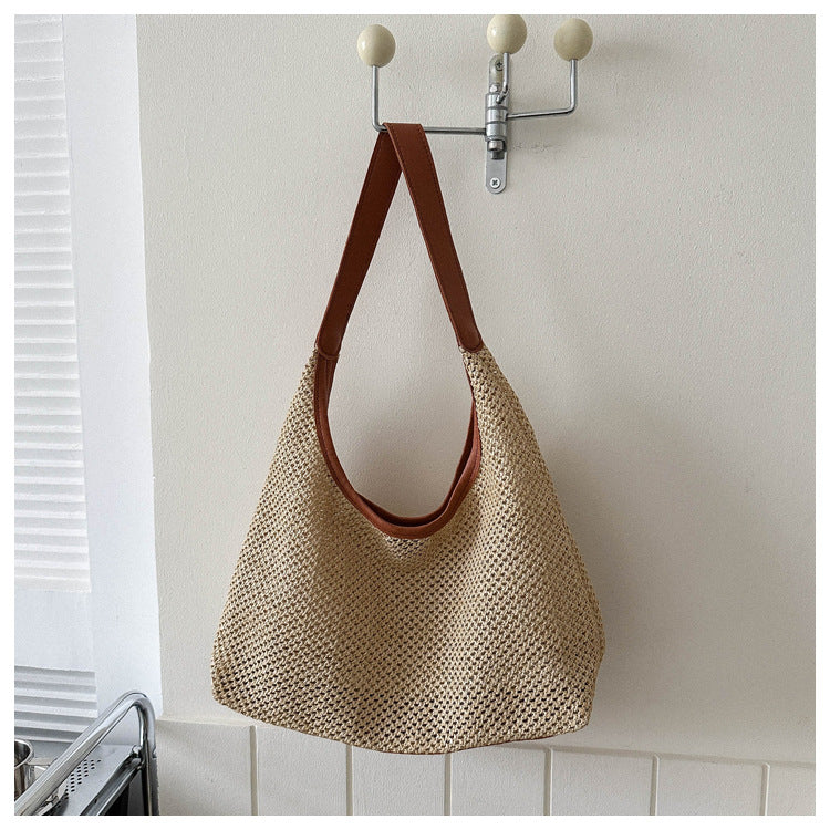 Women Casual Solid Color Woven Large Capacity Tote Bag