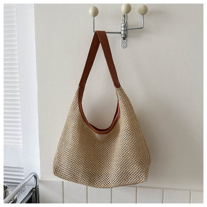 Women Casual Solid Color Woven Large Capacity Tote Bag