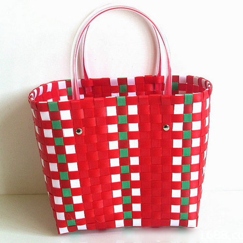 Vegetable Basket Straw Woven Waterproof Beach Women Casual Design Color Blocking Large Capacity Shoulder Handle Bag