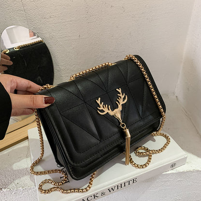 Women Fashion Deer Decorative Flap Buckle Design Solid Color PU Crossbody Bag