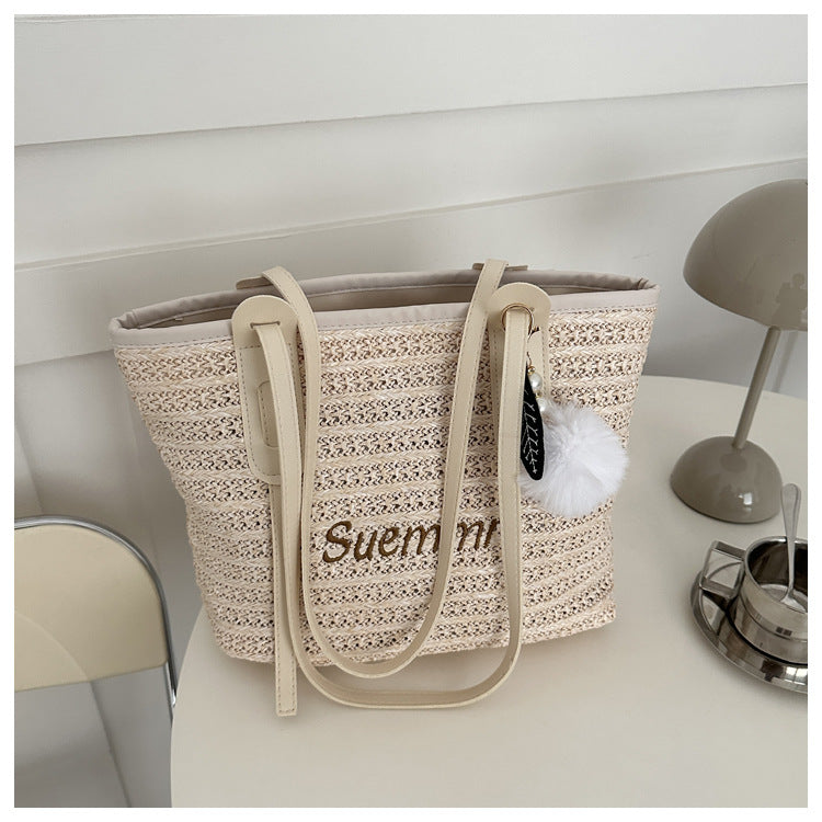 Summer Women Fashion Letter Woven Plush Pendant Large Capacity Tote Bag