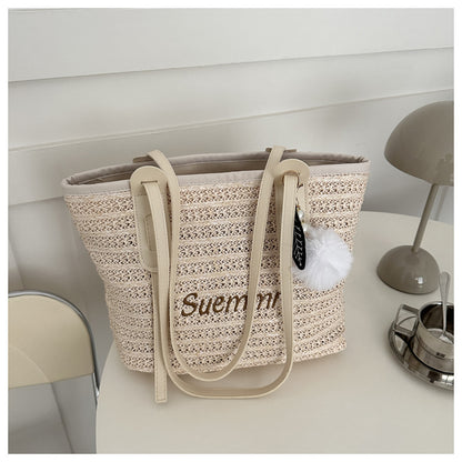 Summer Women Fashion Letter Woven Plush Pendant Large Capacity Tote Bag