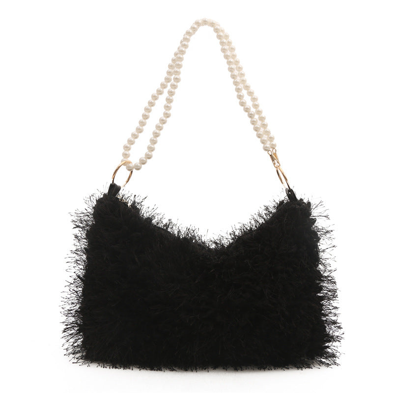 Fashion Solid Color Plush Pearl Chain Shoulder Bag