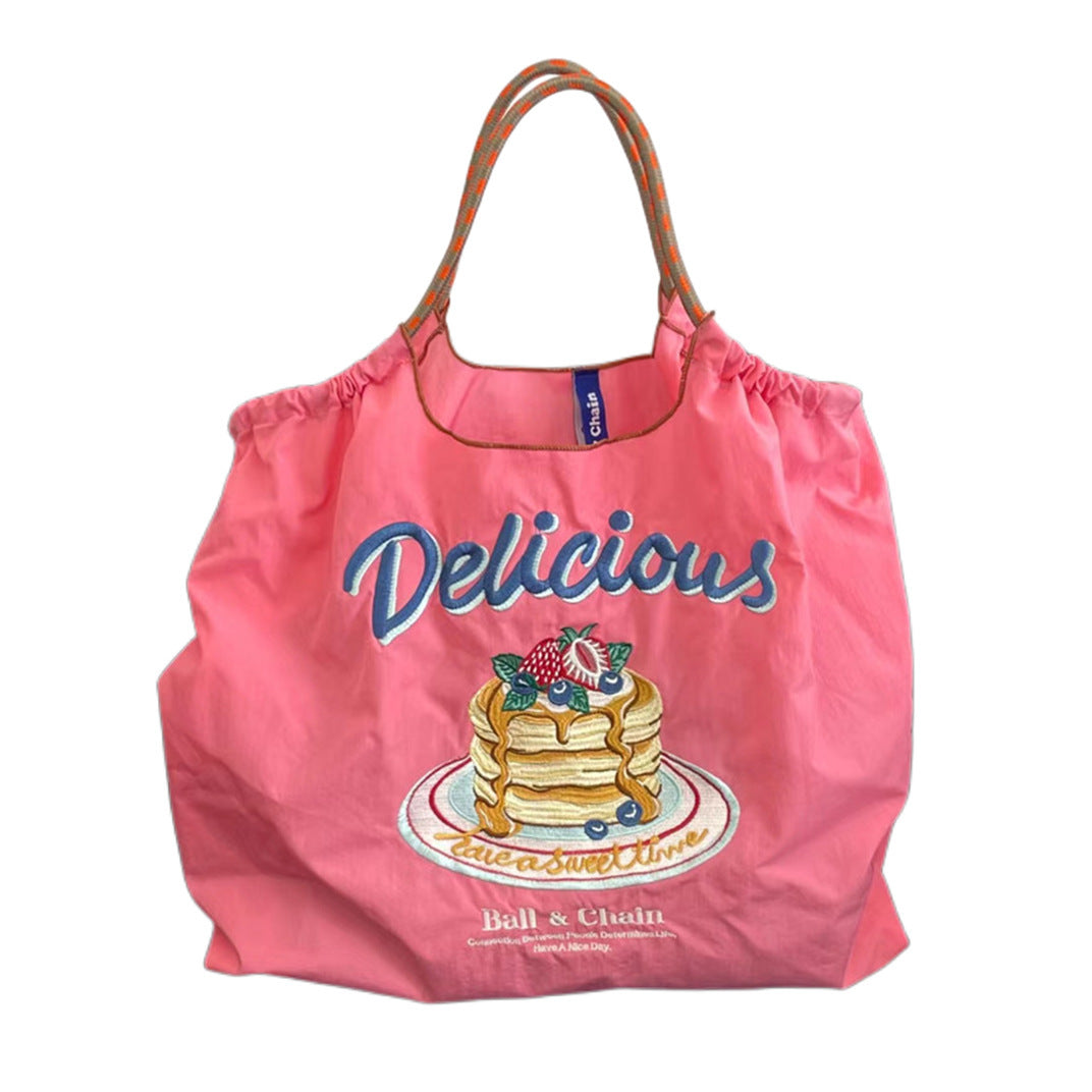 Women Fashion Nylon Embroidered Large Capacity Canvas Shopping Bag