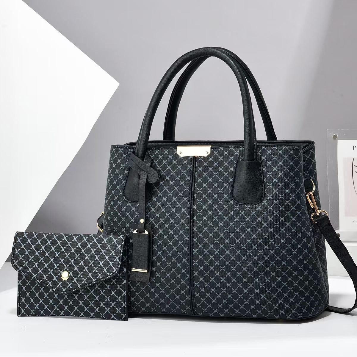 Women Fashion Casual Rhombus Printed Large Capacity Handbag Two-Piece Set