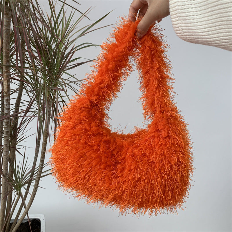 Sac à main en peluche de couleur unie pour femme, tendance automne et hiver 