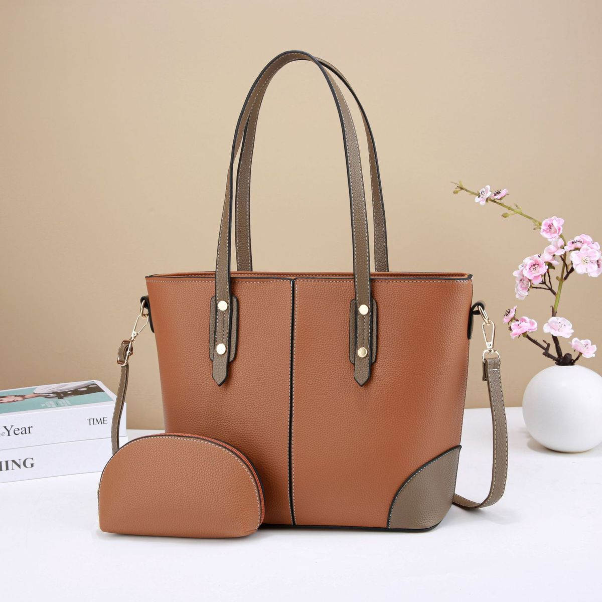 Women Fashion Casual Contrast Color Large Capacity Handbag Set