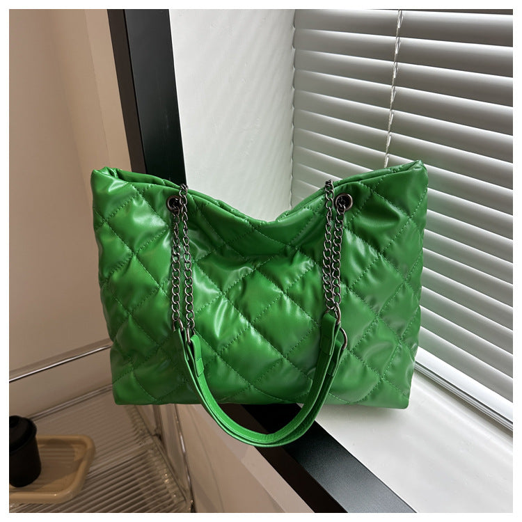 Women Fashionable Solid Color Rhombic Large Capacity Chain PU Tote Bag