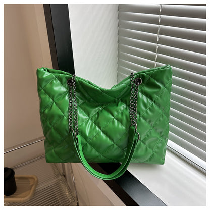 Women Fashionable Solid Color Rhombic Large Capacity Chain PU Tote Bag