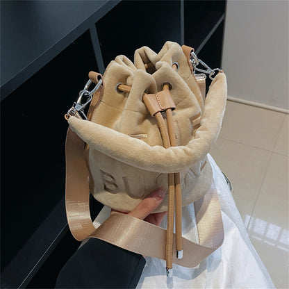 Sac à main seau brodé en peluche avec cordon de serrage pour femme, mode automne-hiver 