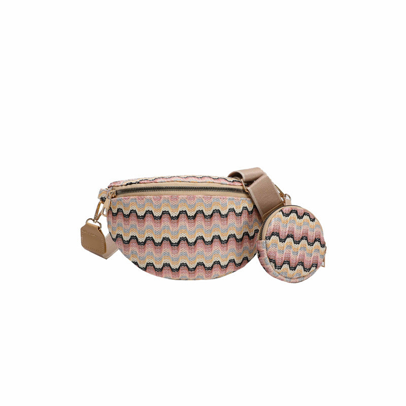 Summer Women Fashion Ethnic Style Color Block Straw Woven Crossbody Chest Bag