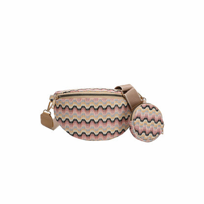 Summer Women Fashion Ethnic Style Color Block Straw Woven Crossbody Chest Bag