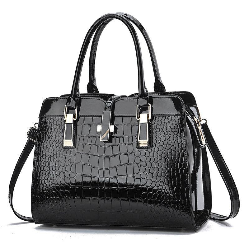 Women Fashion Bright Leather Large Capacity Crocodile Print Square Handbag