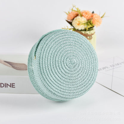 Summer Women Fashion Solid Color Vacation Beach Straw Woven Round Shoulder Crossbody Mini Bag