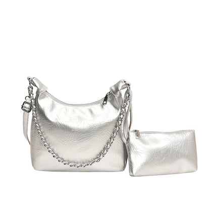 Women Fashionable Solid Color Large Capacity Zipper Shoulder PU Tote Bag