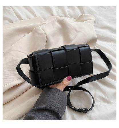 Sac à bandoulière carré en PU tissé à carreaux de couleur unie pour femme 