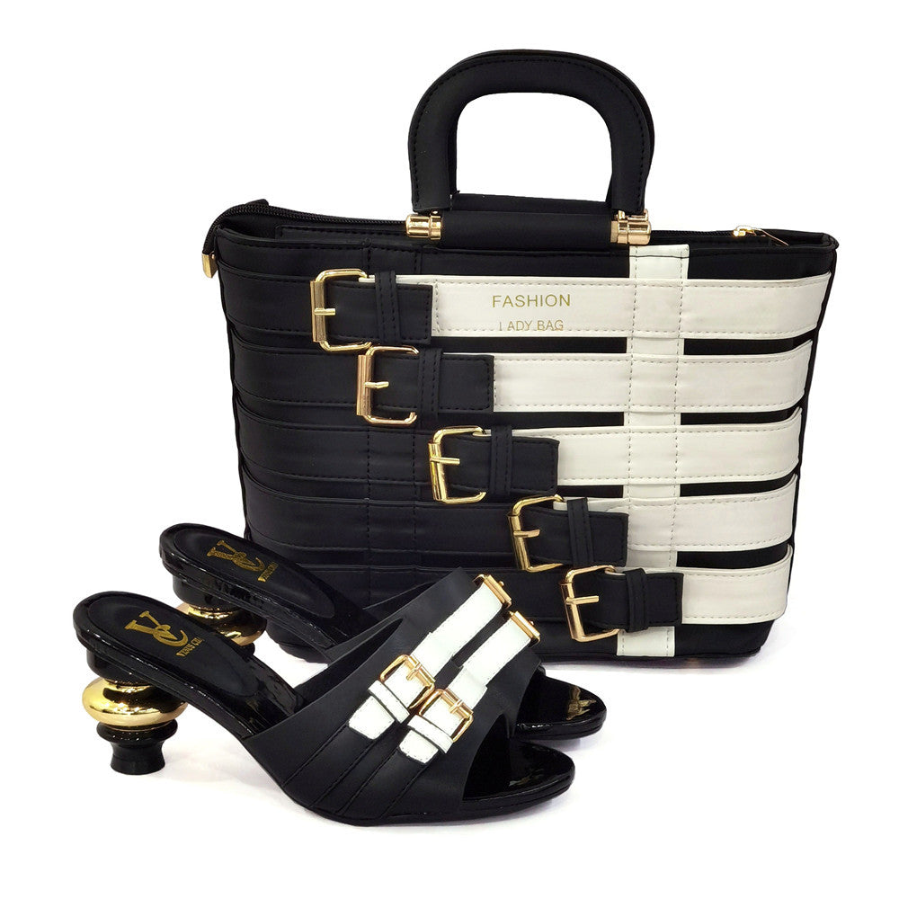 Fashion Women Color Blocking Peep Toe High Heel Slippers And PU Tote Bag Set