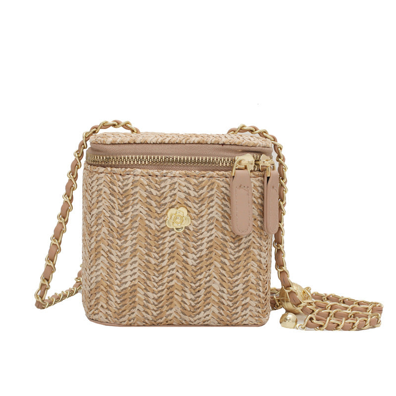 Women Fashion Simple Straw Woven Zipper Square Crossbody Bag