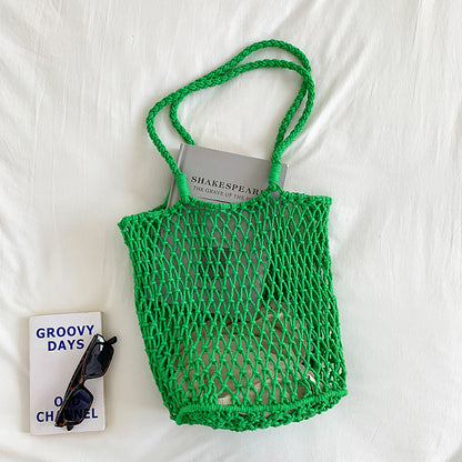 Women Casual Solid Color Hollow Woven Large Capacity Tote Shoulder Bag