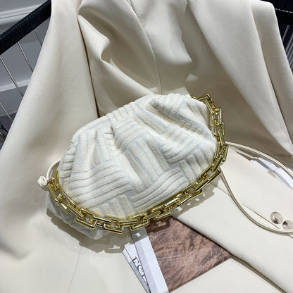 Women Casual Thick Chain Crease Design Solid Color Soft Fabric Crossbody Clutch Bag