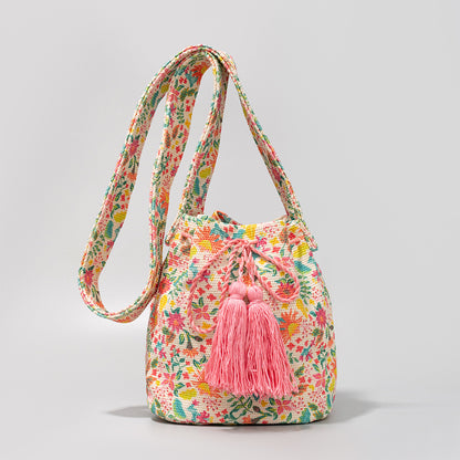 Women Bohemian Ethnic Style Jacquard Knitted Tassel Pendant Bucket Shoulder Bag