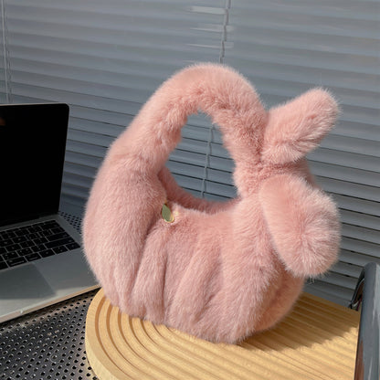 Women'S Fashion Solid Color Bow Crinkled Plush Cloud Shell Handbag