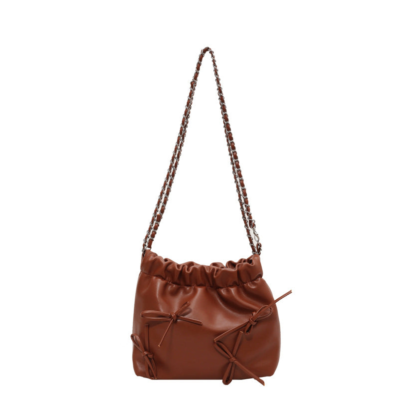 Sac seau à bandoulière en PU pour femme, simple et tendance, couleur unie, avec nœud 